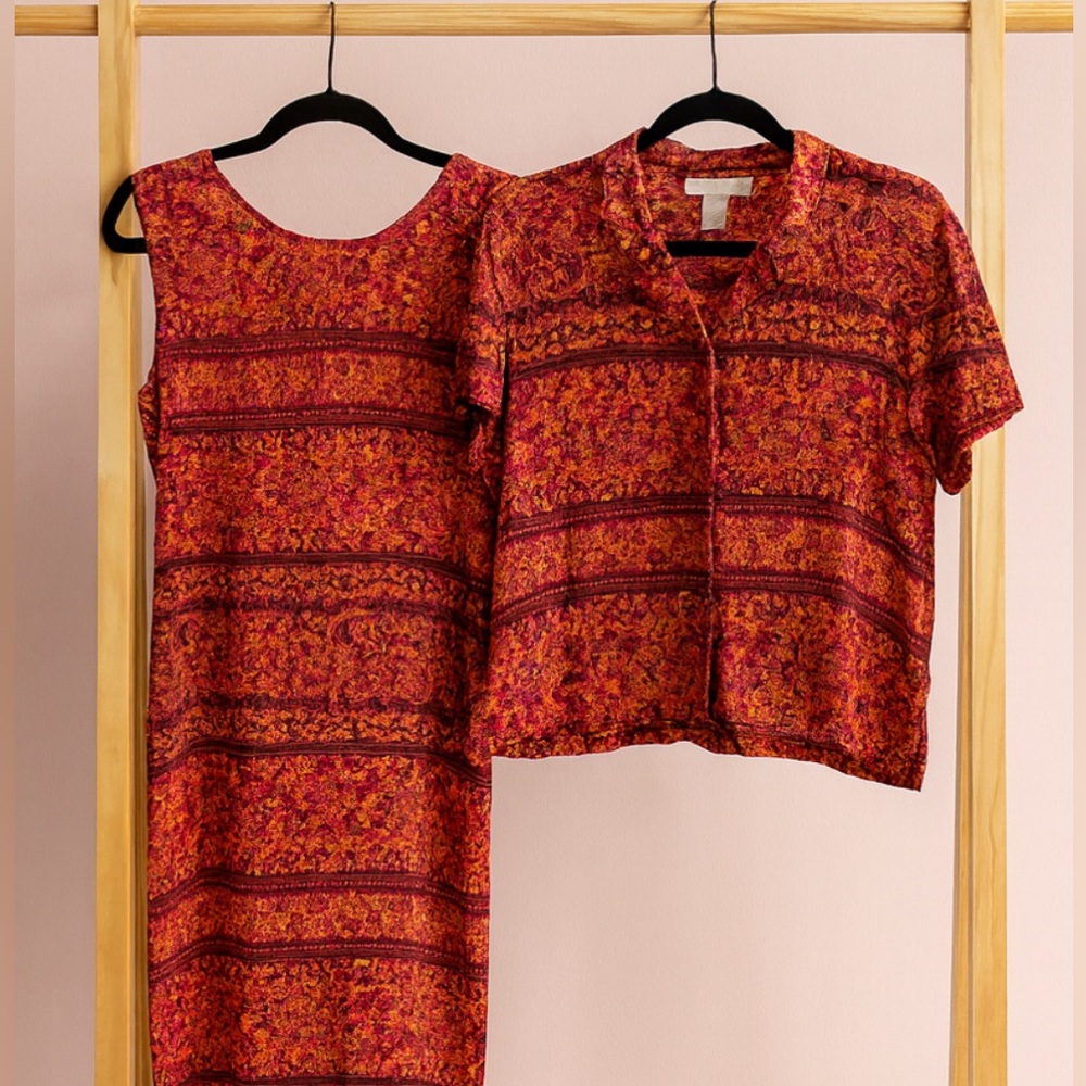 70s Vintage Norton Womens 100% Rayon Long Red Paisley Maxi Slip Dress sz M Boho